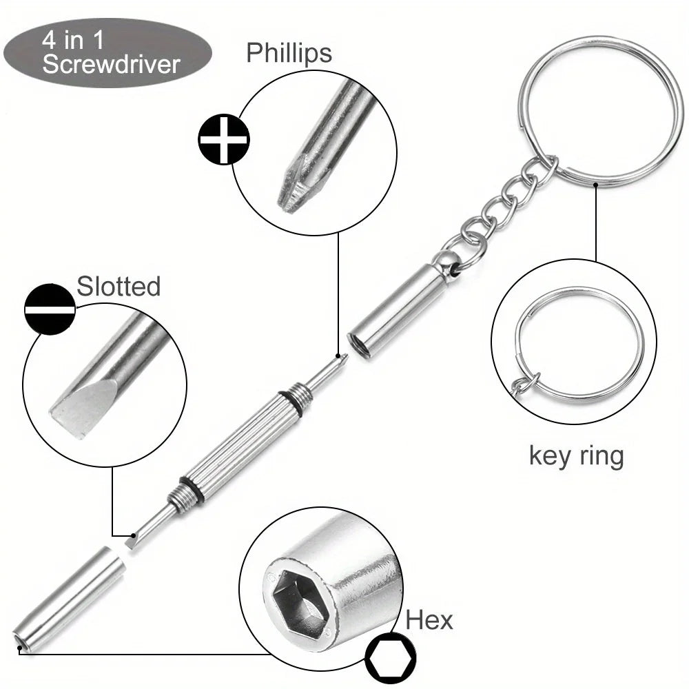 A set of precision tools for glasses repair including a screwdriver, Phillips head, slotted tool, and hex wrench.