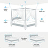 Diagram showing how to attach and secure a mosquito net bed canopy, demonstrating fit for both queen and king beds.