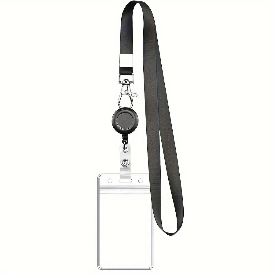 Black retractable badge reel with a card holder attached to a lanyard.