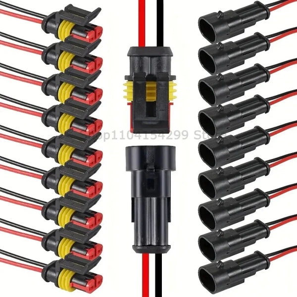 A set of waterproof electrical connectors with 16 AWG wire, featuring black and yellow insulation.