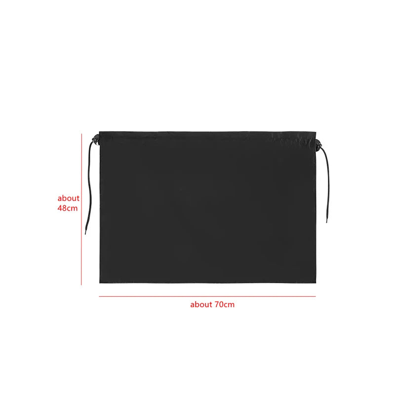 Black fabric sun shade or curtain with a drawstring closure, measuring about 48cm by 70cm.