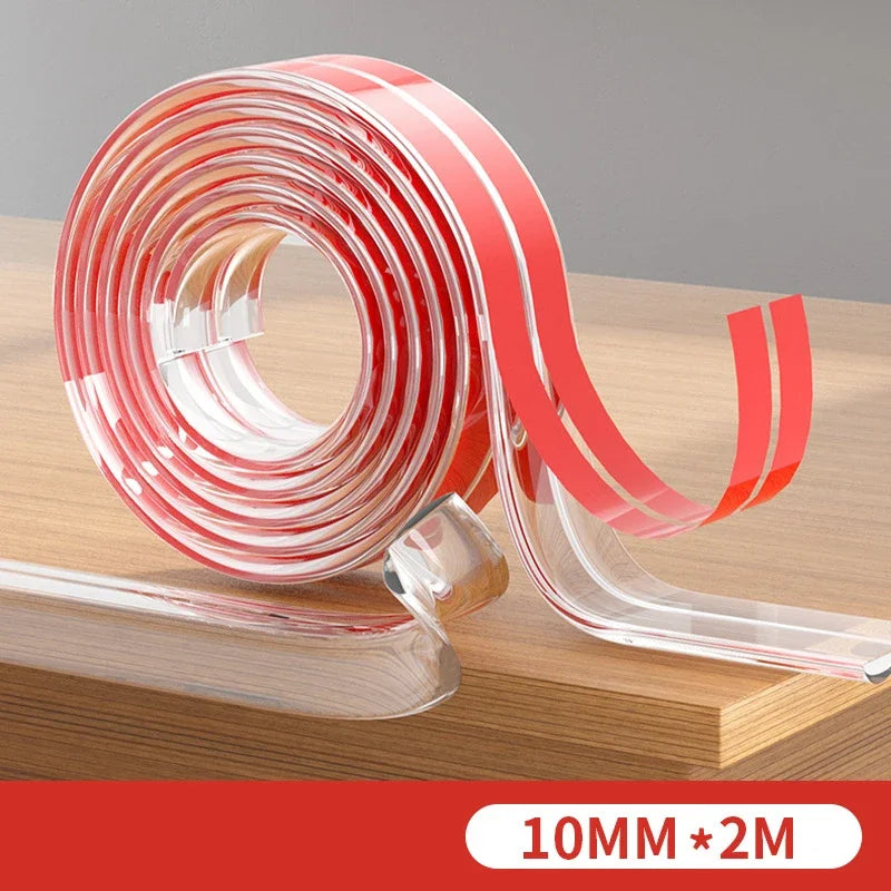 Roll of transparent silicone corner guards for baby safety in red and clear packaging