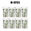 Eight clear acrylic piggy banks filled with US currency bills and coins.
