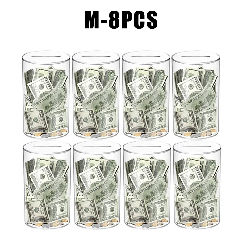 Eight clear acrylic piggy banks filled with US currency bills and coins.