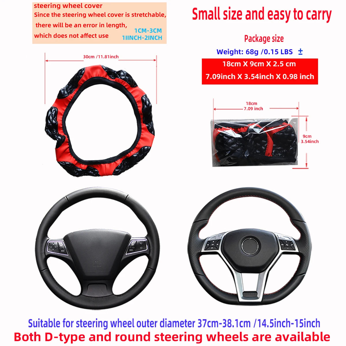Black and red steering wheel cover for D-type and round steering wheels with a soft comfort grip