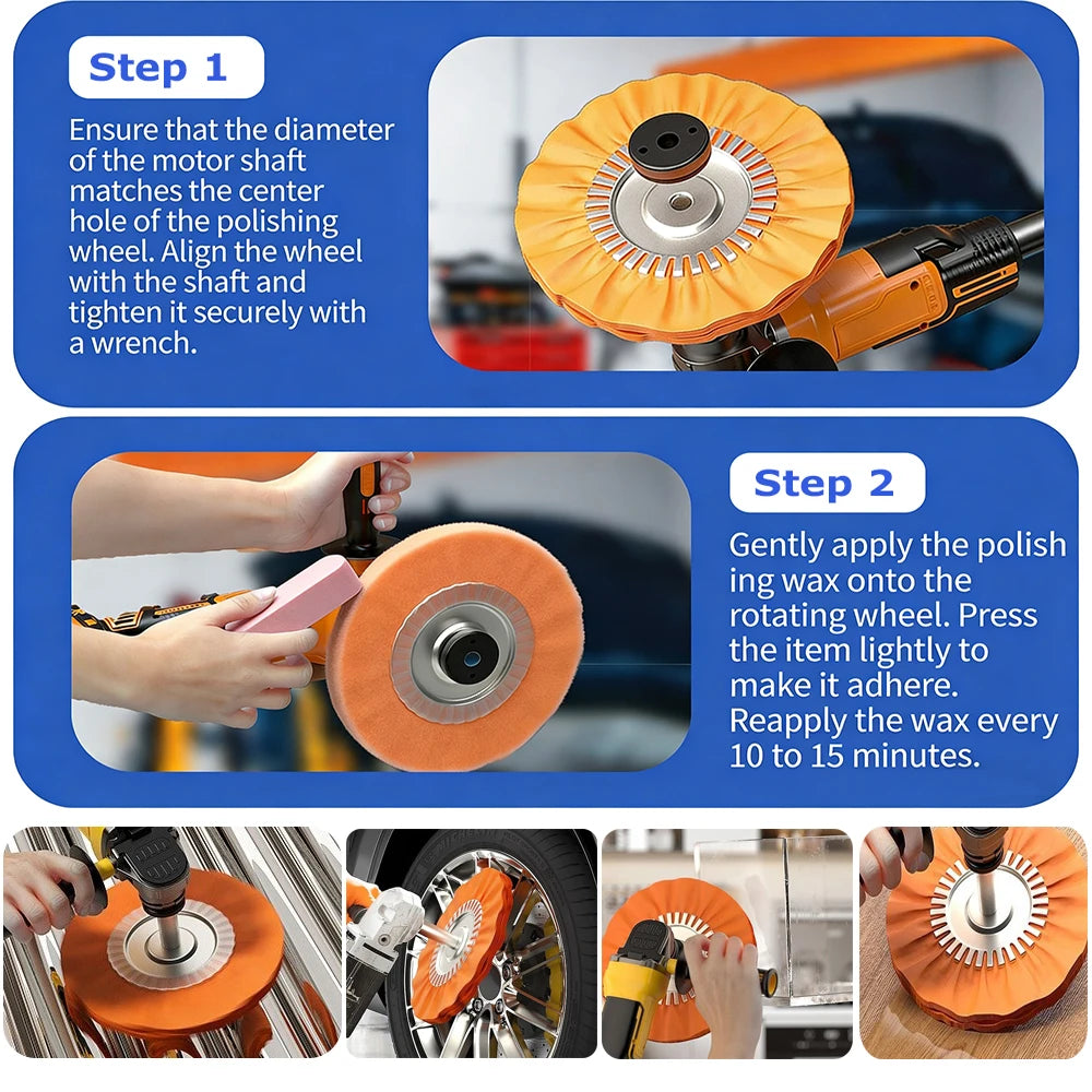Step-by-step instructions showing how to use a 4-in-1 cotton polishing wheel set on an angle grinder.