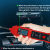 A hand holds a red digital car circuit tester probe, demonstrating its functionality with blue LCD voltage displays.