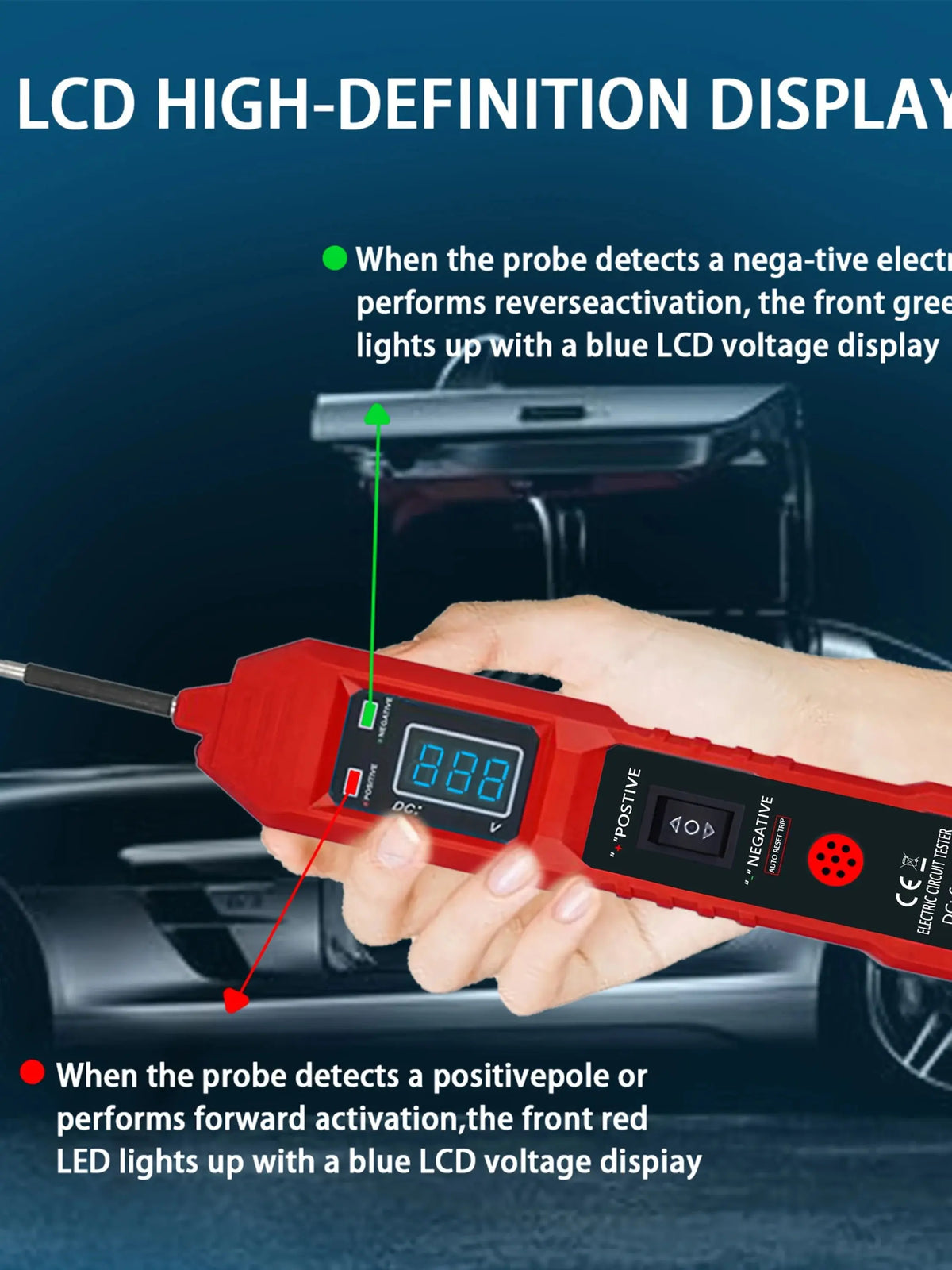 A hand holds a red digital car circuit tester probe, demonstrating its functionality with blue LCD voltage displays.