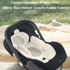 A black stroller seat cushion with a white, ultra-fine velvet fabric lining is shown on a beige fabric background.
