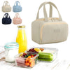 A collection of beige and blue insulated quilted lunch tote bags alongside various food containers on a wooden surface.