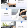 Step-by-step instructions showing how to install a car window shade using a rearview mirror and door frame edge.