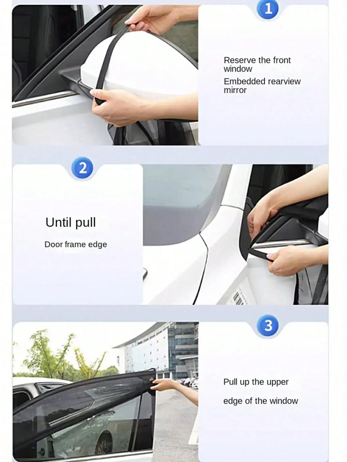 Step-by-step instructions showing how to install a car window shade using a rearview mirror and door frame edge.
