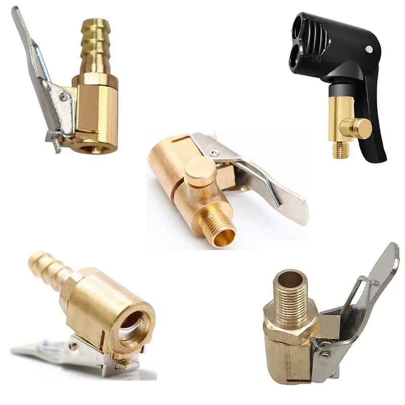 Various brass tire inflator chucks and clips for automotive use, including a handheld tool and a clamp-on valve connector.