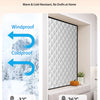 A white thermal insulated door curtain is shown in a room, demonstrating its windproof and cold-resistant properties.