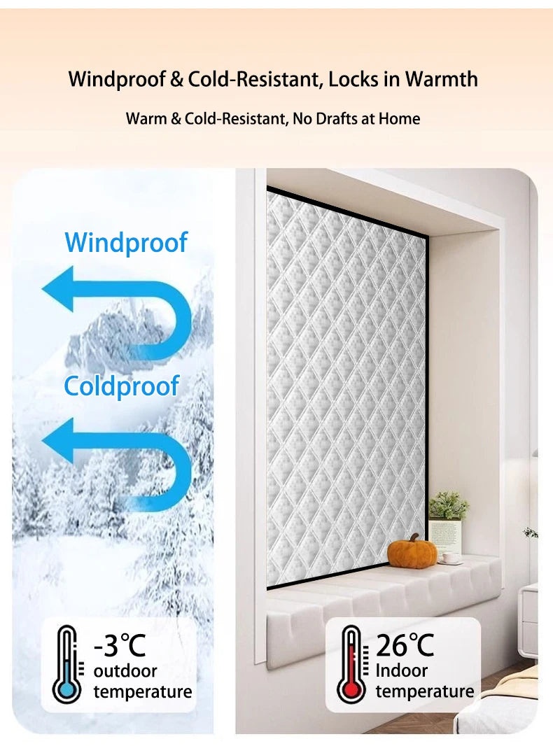 A white thermal insulated door curtain is shown in a room, demonstrating its windproof and cold-resistant properties.