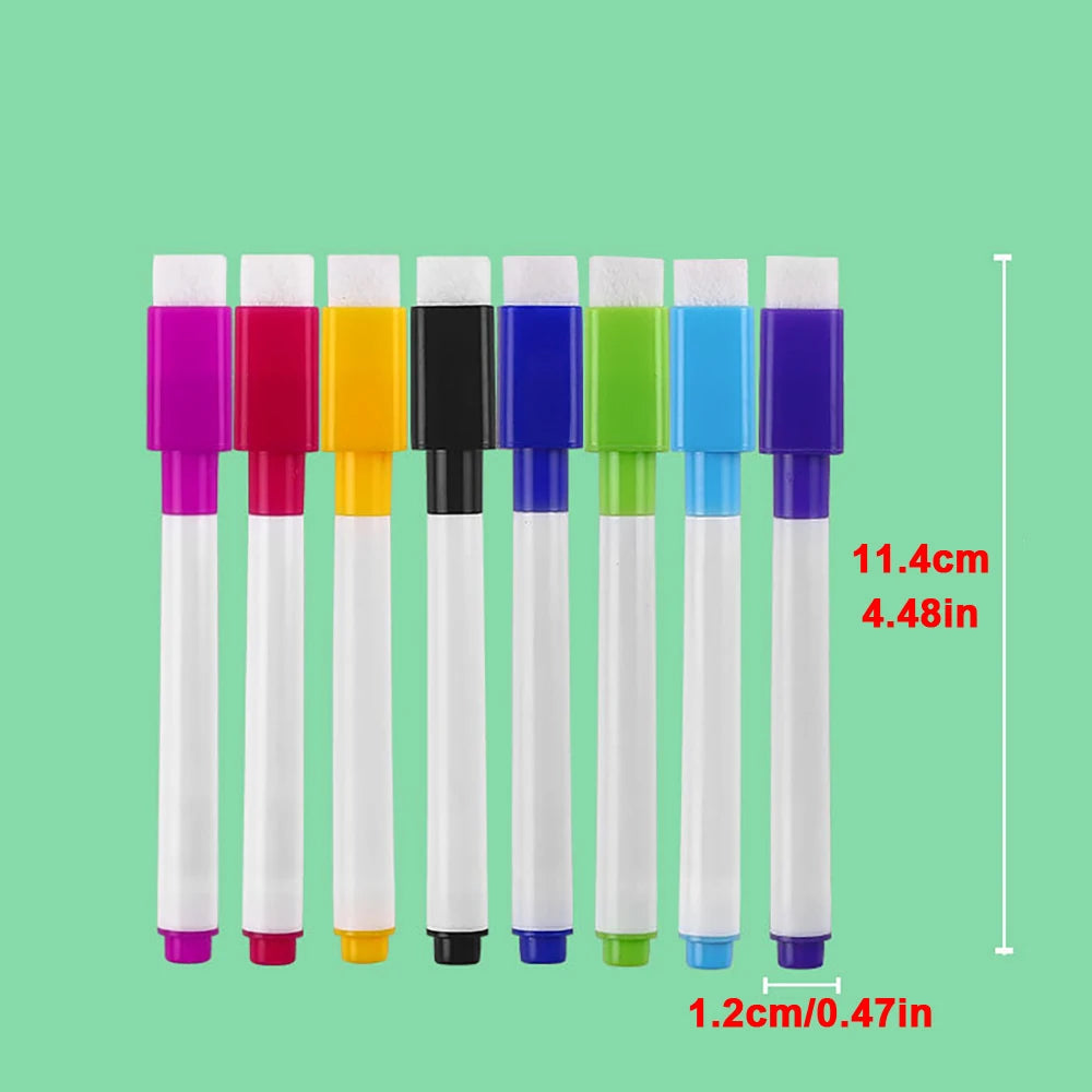 Eight fine tip whiteboard markers in assorted colors, including magenta, red, yellow, black, blue, green, and purple.