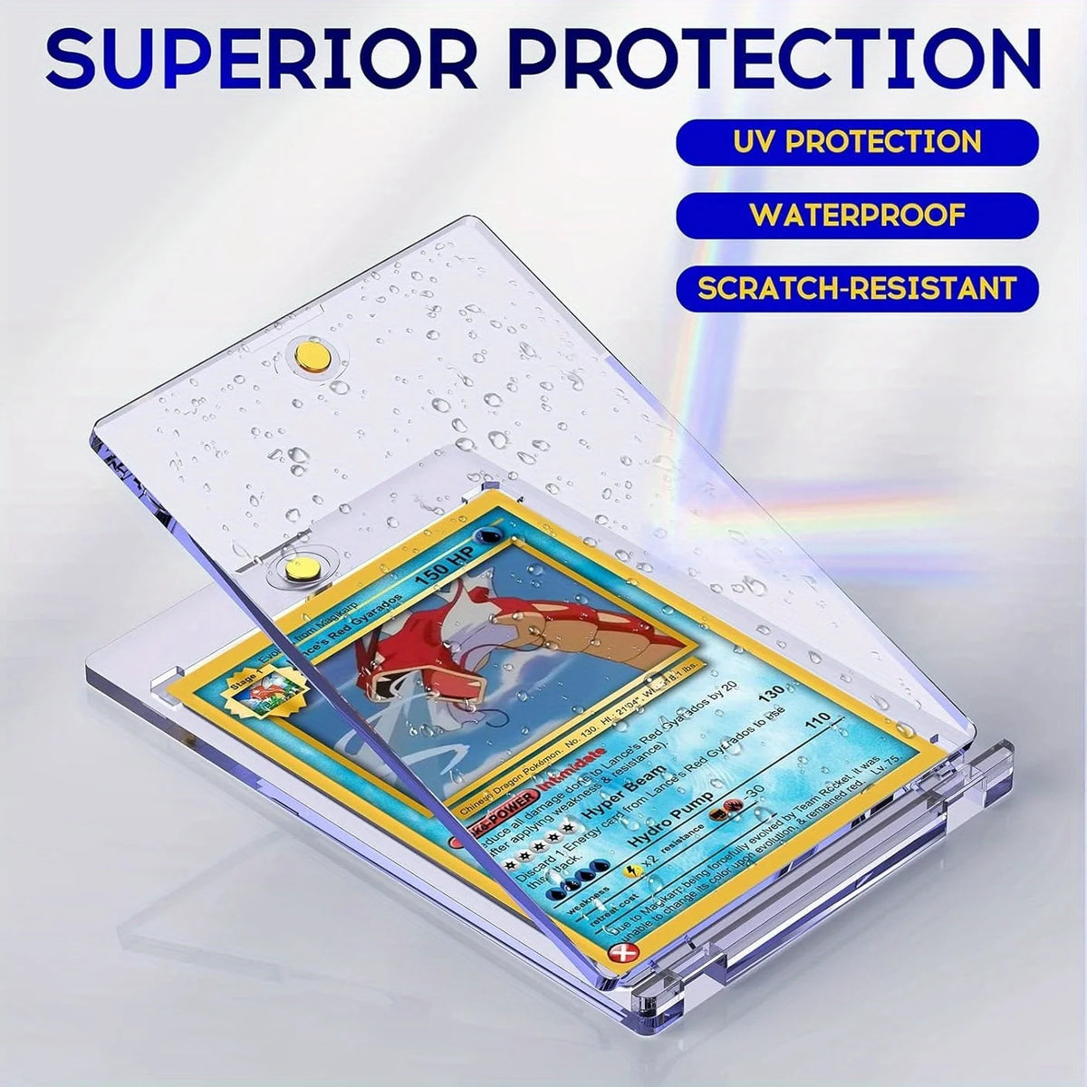 A clear magnetic trading card holder with a protective cover showing a dragon and other cards.
