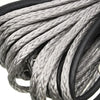 Close-up of a thick gray braided synthetic winch rope coiled within a black protective sheath.