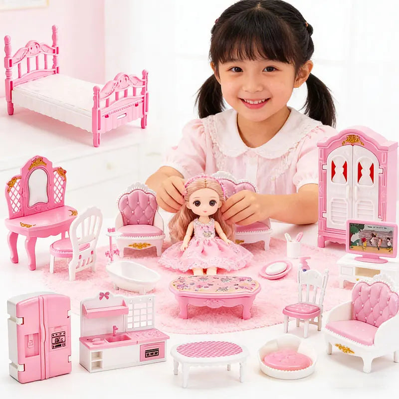 A young girl is surrounded by a pink dollhouse furniture set including beds, chairs, and accessories for creative play.
