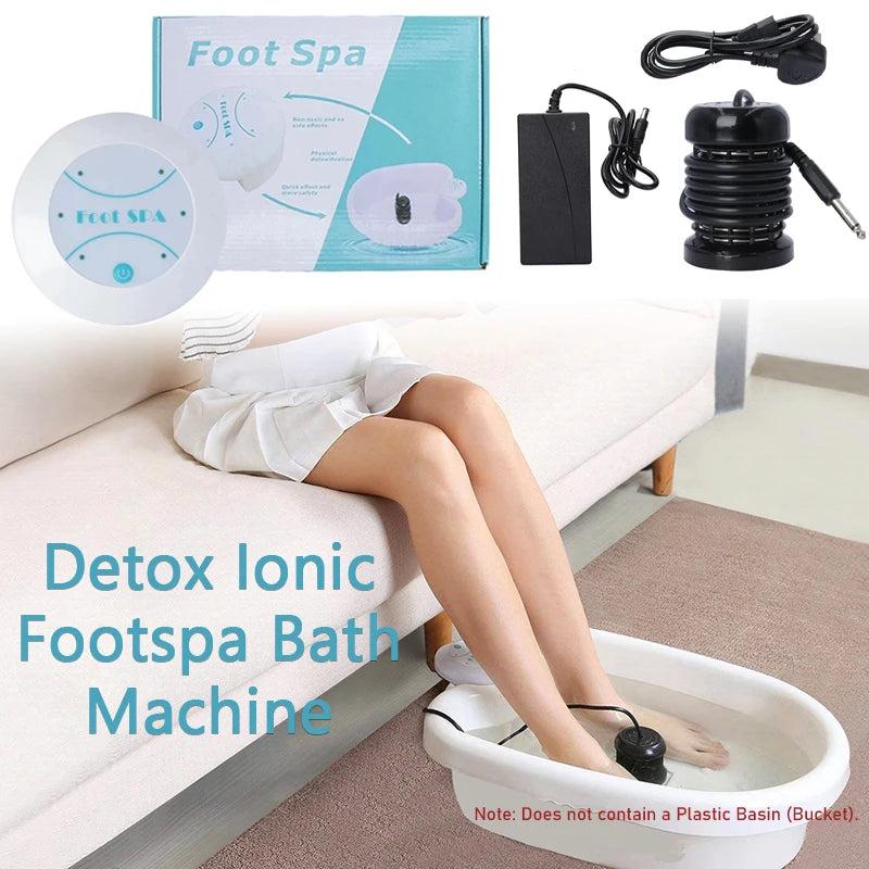 A person relaxing in a bathtub using an ionic foot spa machine with vibration massage attachments.