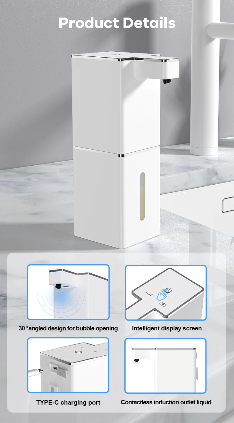 A white touchless soap dispenser with an angled design, featuring a display screen and a Type-C charging port.