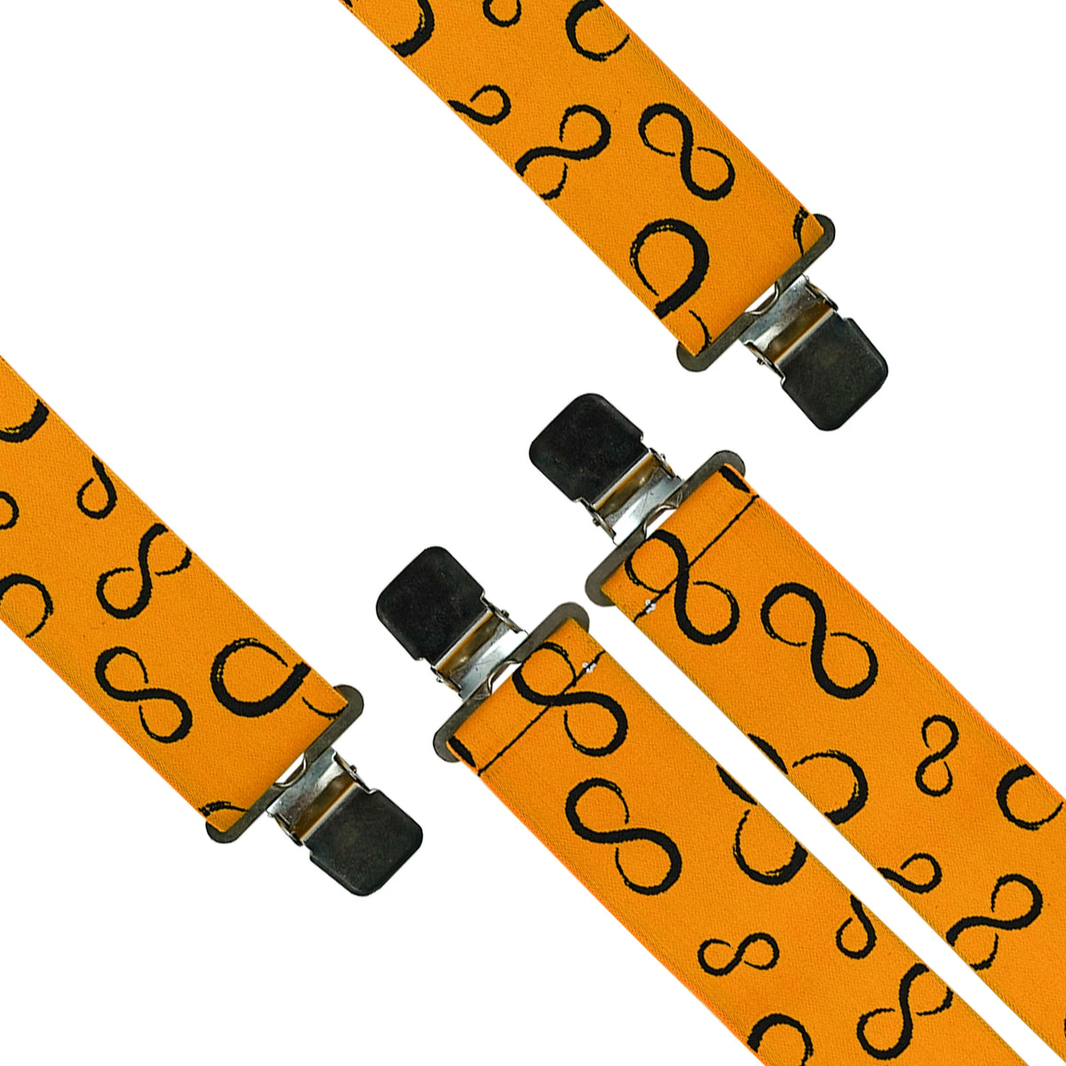 Orange elastic suspenders with a black infinity pattern and metal hardware