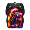 Schwarzer taktischer Rucksack mit einem leuchtenden, feurigen Motorradfahrer-Design auf der Vorderseite.