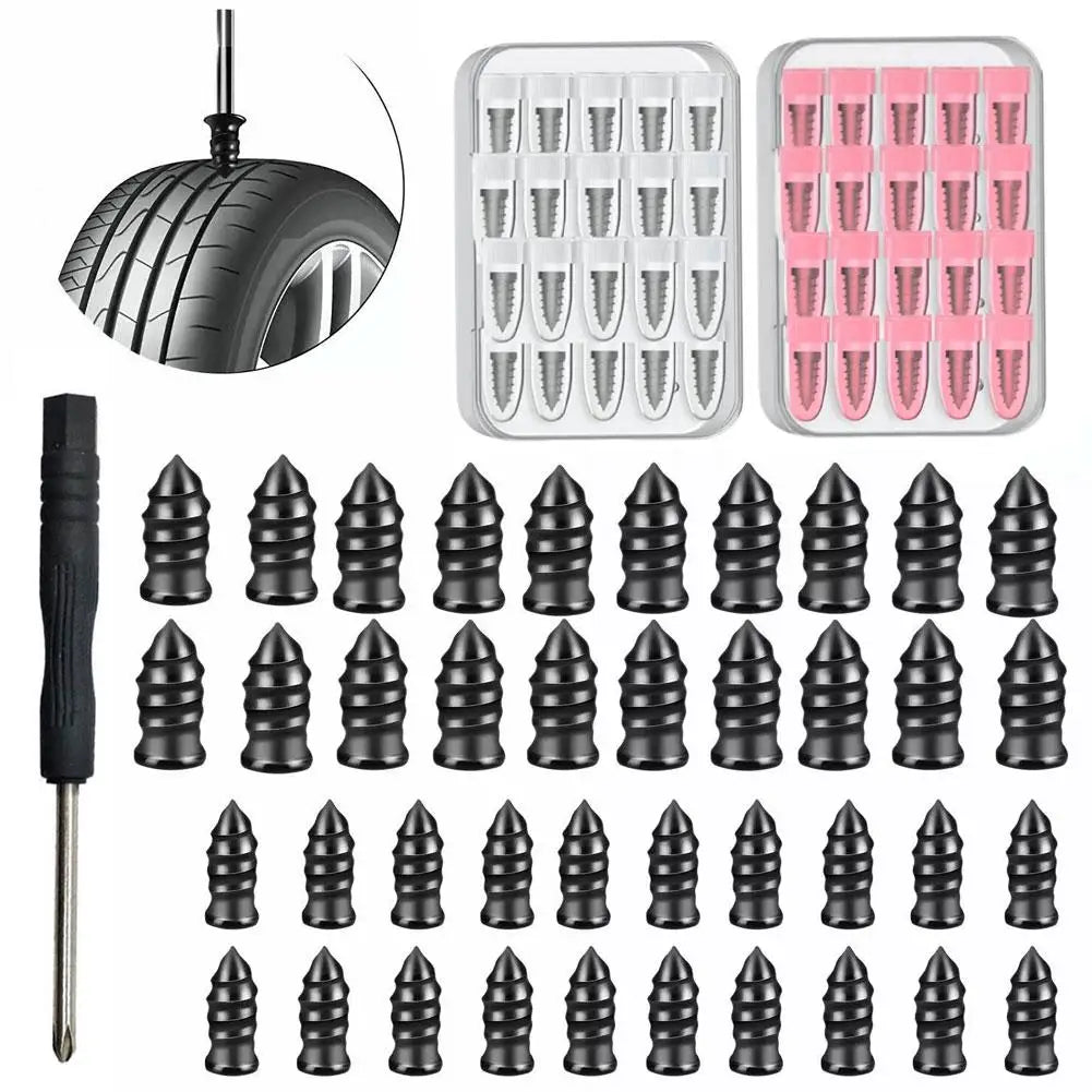 Collection d'outils de réparation de crevaisons de pneus, incluant un pneu crevé, divers outils métalliques et kits de répara