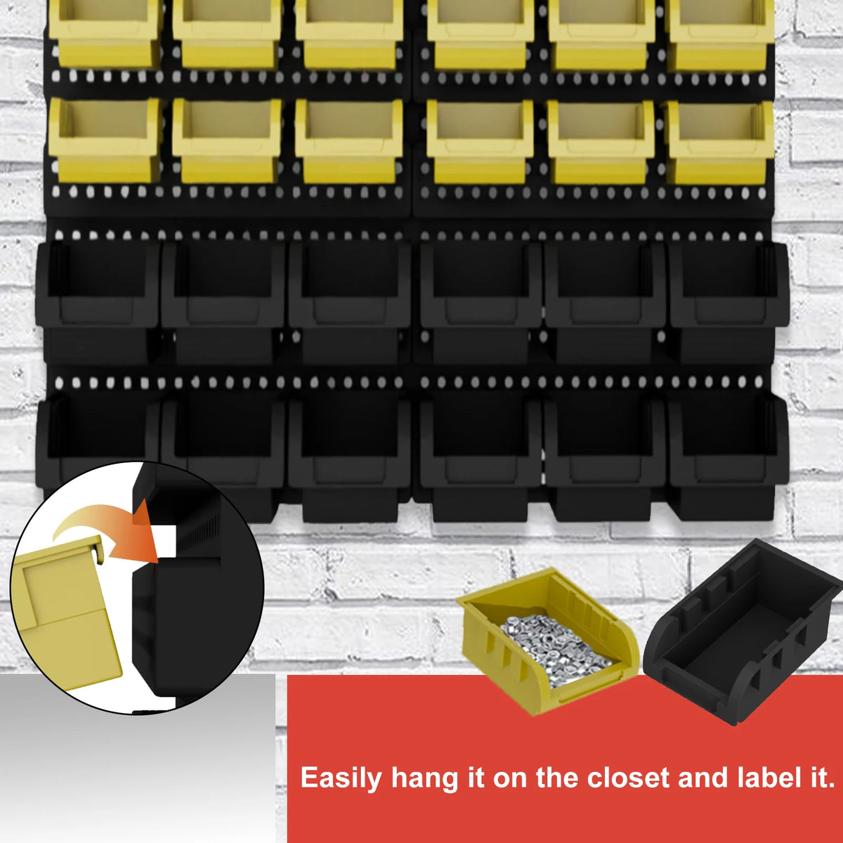 Wall-mounted storage bin system with 30 plastic bins in yellow and black for closet organization