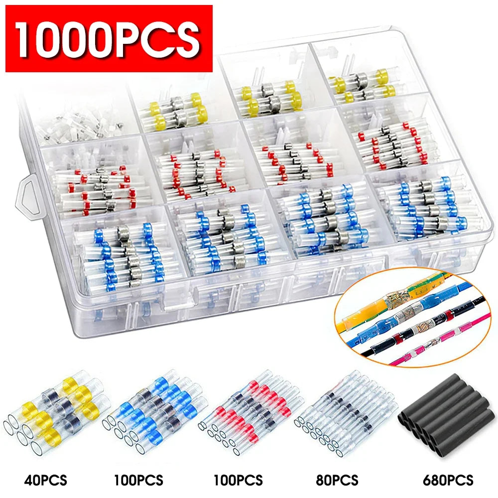 A plastic storage box containing various quantities of waterproof heat shrink solder wire connectors with tin-coated copper t