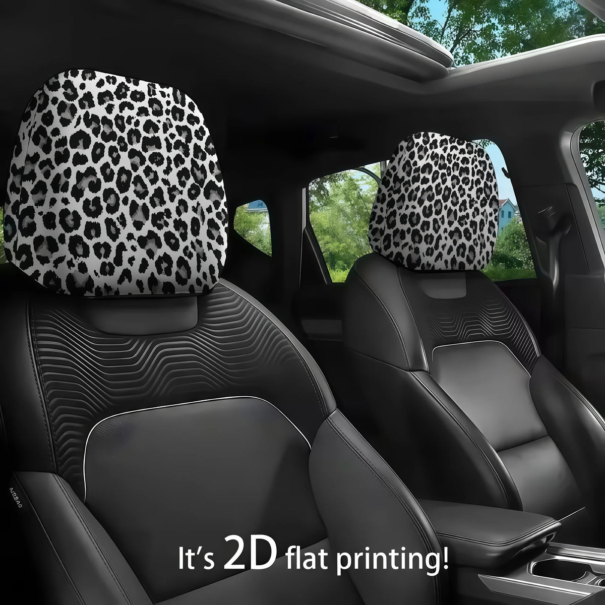 Two black car headrest covers with leopard print fabric are shown inside a vehicle.
