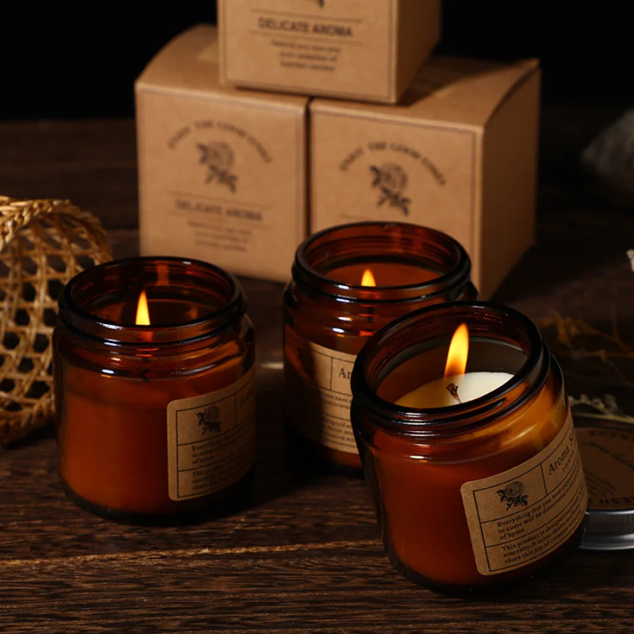 Hand-Poured Soy Wax Aromatherapy Candle in Amber Glass Jar