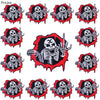 A set of ten embroidered iron-on patches featuring skulls and horror imagery on black fabric with red borders.
