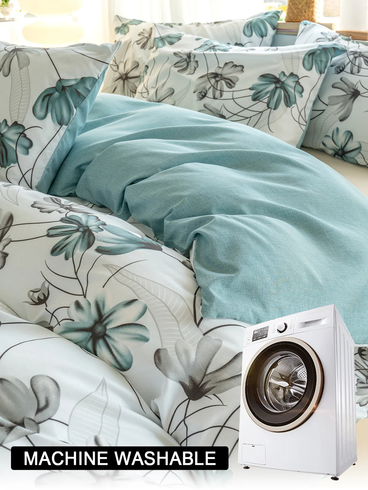 A teal and grey watercolor floral duvet cover set displayed on a bed with a white washing machine nearby.