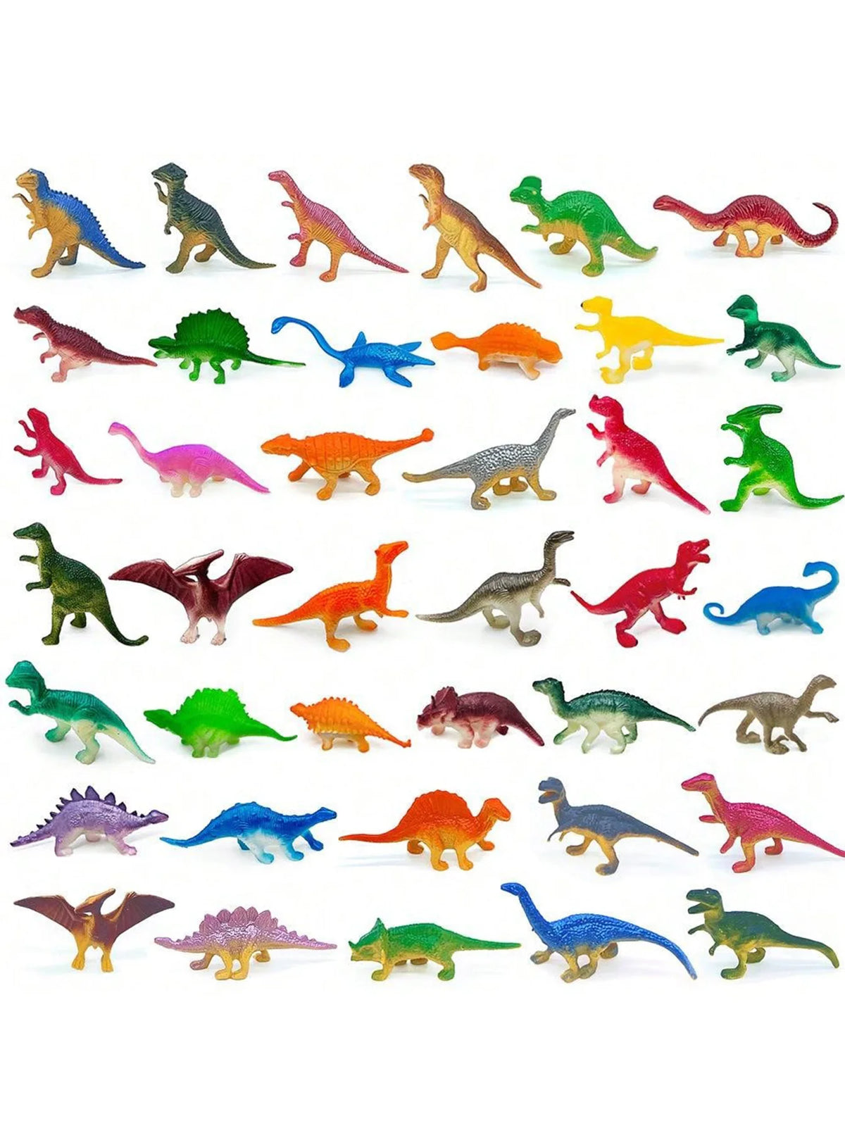 A collection of ten mini dinosaur figurines in various colors and species.