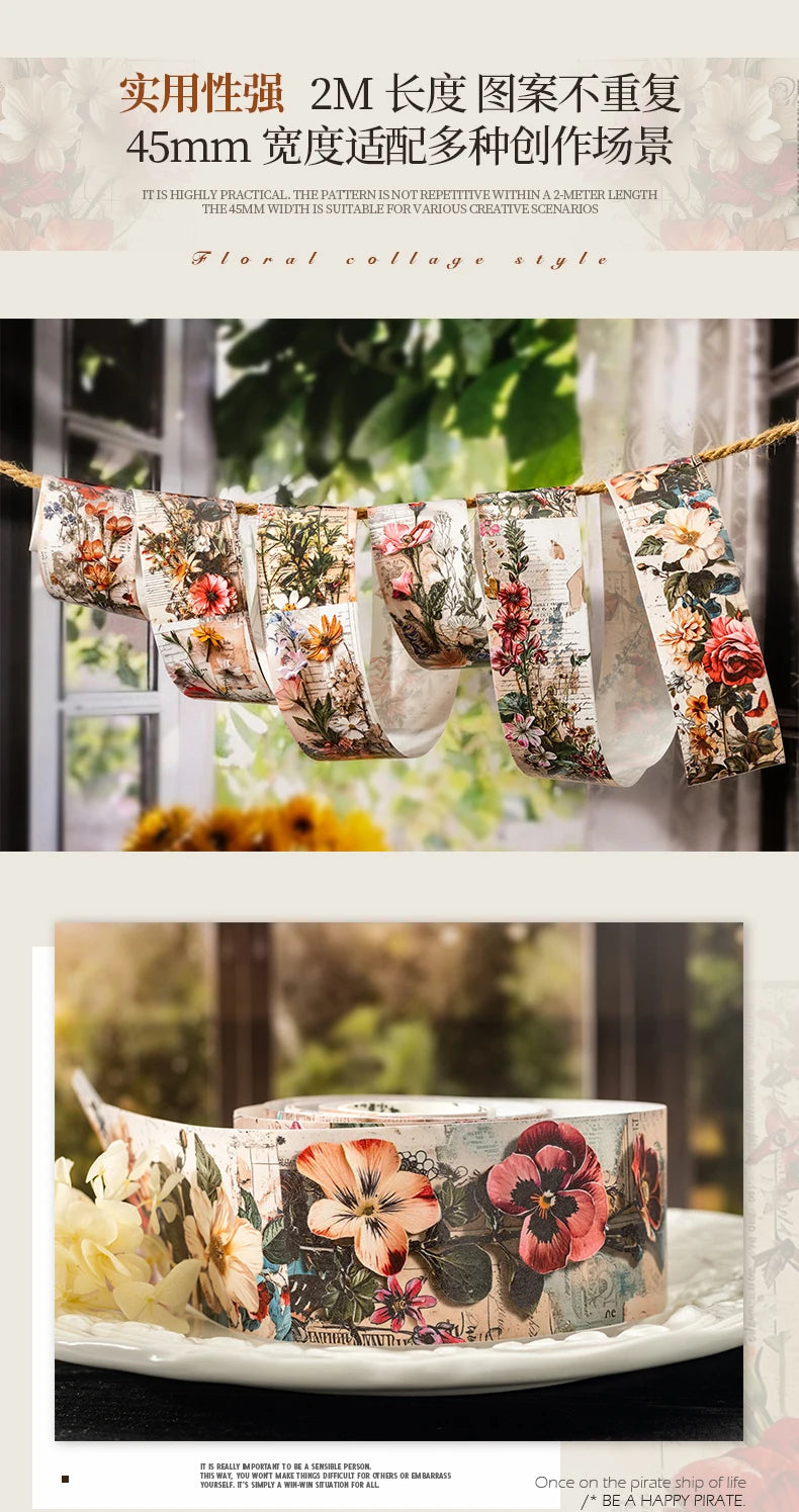 A display of floral collage style vintage botanical washi tape strips hanging on a twine against a blurred outdoor background