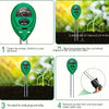 A green three-way meter probe is shown inserted into dark soil, demonstrating its use for measuring plant conditions.