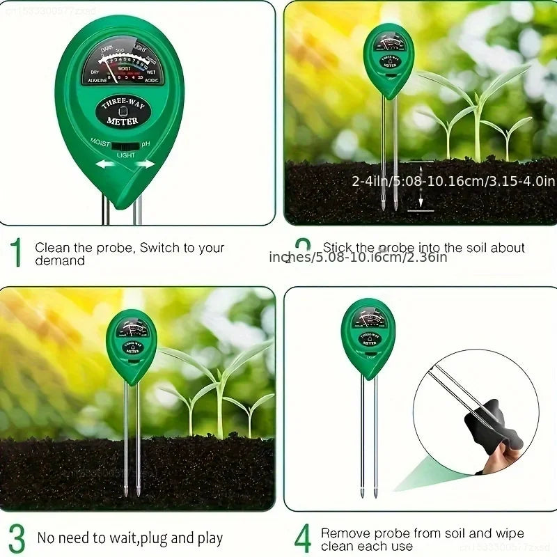 A green three-way meter probe is shown inserted into dark soil, demonstrating its use for measuring plant conditions.