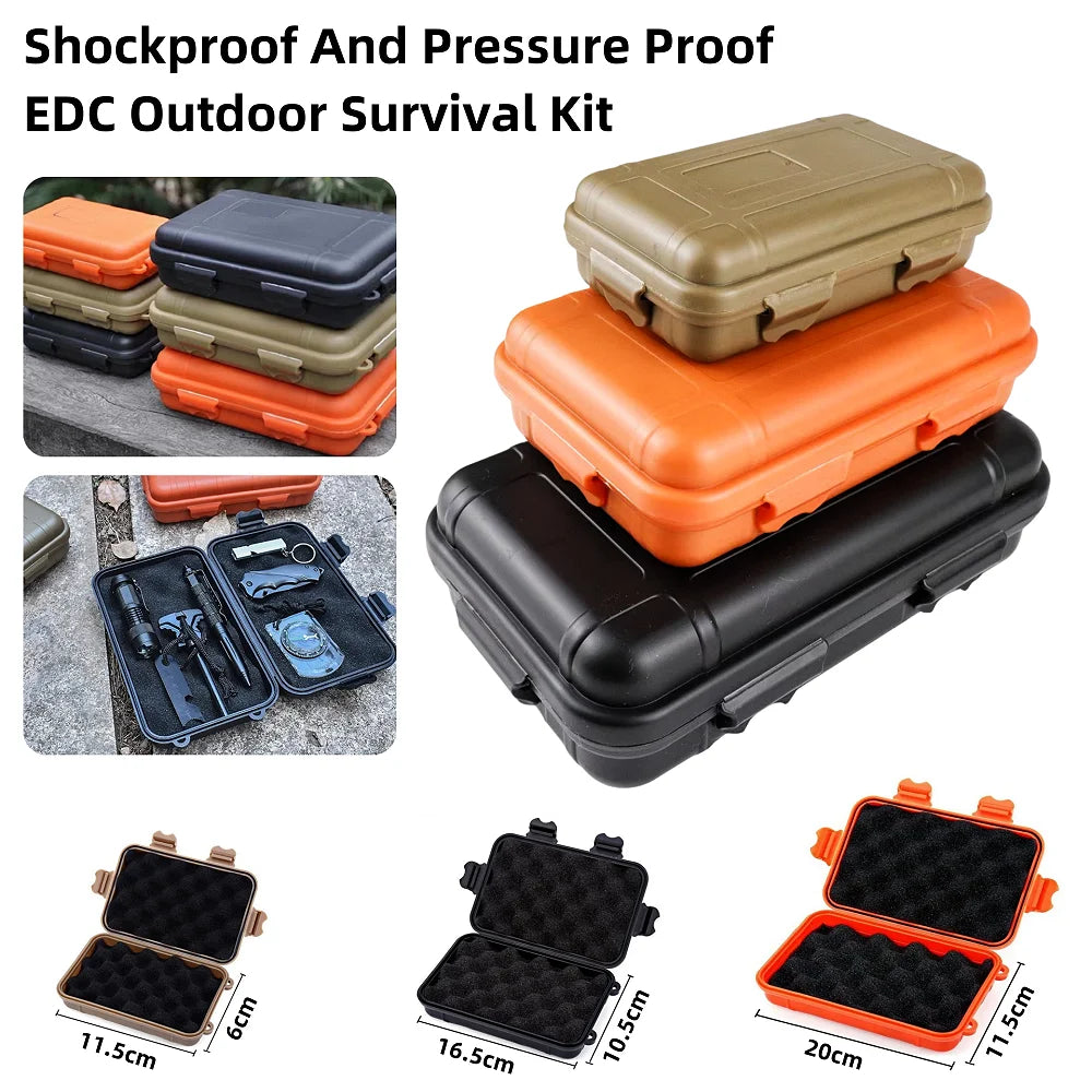 Shockproof and pressure proof EDC outdoor survival kit featuring various sealed storage boxes in black, orange, and olive gre
