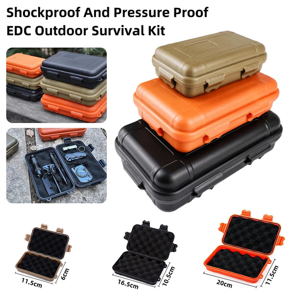 Shockproof and pressure proof EDC outdoor survival kit featuring various sealed storage boxes in black, orange, and olive gre
