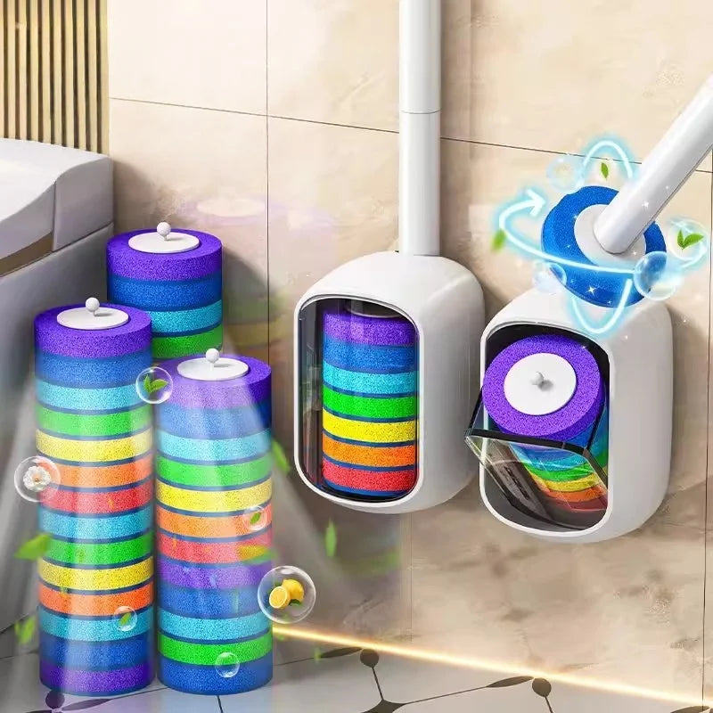 A wall-mounted dispenser for disposable toilet cleaning refills with colorful, stacked cylindrical tubes.