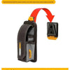 A black electrician's instrument tool bag or belt with a yellow buckle and orange strap shown from the side.