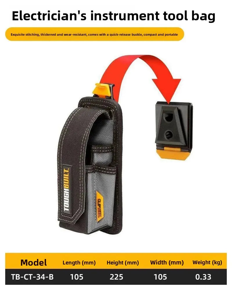 A black electrician's instrument tool bag or belt with a yellow buckle and orange strap shown from the side.