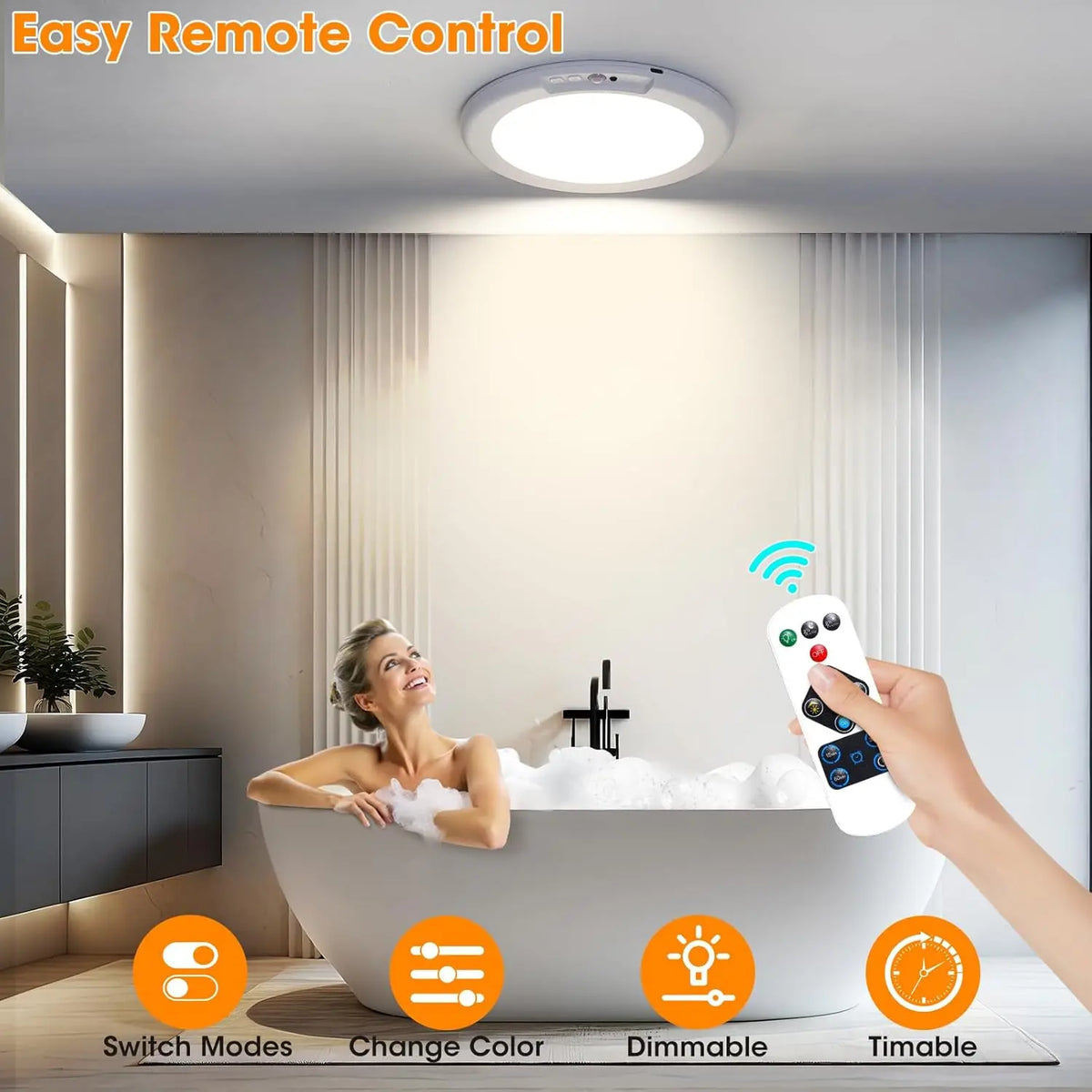 A hand holds a remote control for an LED ceiling light, demonstrating its switch modes, color change, dimmable function, and 