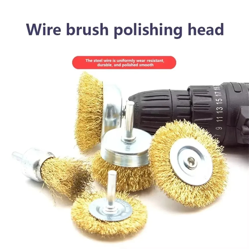 A set of wire brush polishing heads, including a main head and several smaller brush cups.