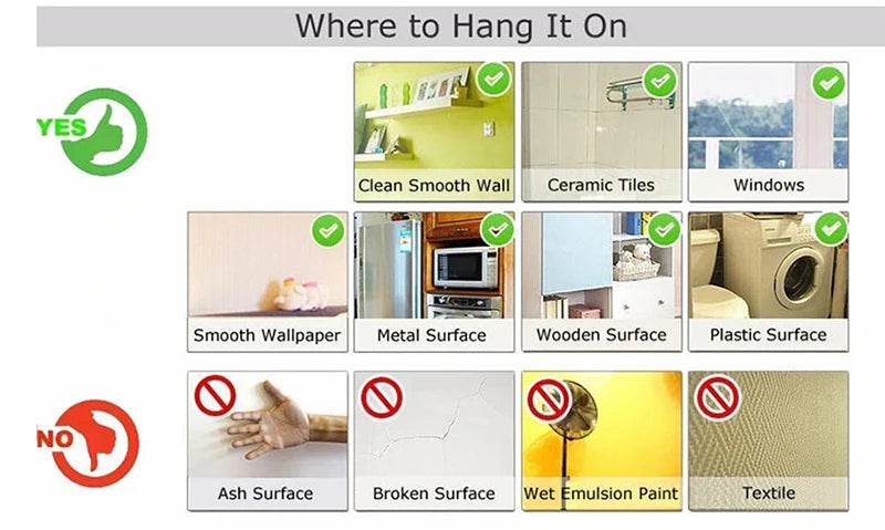 Guide showing where to hang glitter pink peel-and-stick vinyl contact paper on various surfaces like walls, tiles, windows, a