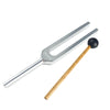 A silver tuning fork set includes two tuning forks and a wooden mallet.