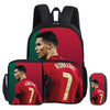 A red football jersey graphic on a black backpack and pencil bag set.