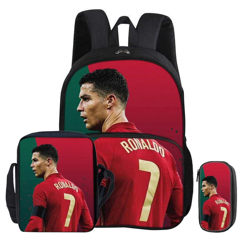 A red football jersey graphic on a black backpack and pencil bag set.