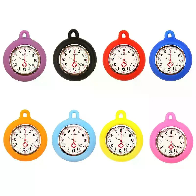 A set of six colorful silicone pocket nurse watches with brooch pins in various colors including purple, black, red, blue, or